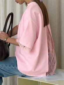 Women's Casual Loose Lace Patchwork Open Back Round Neck Short Sleeve T-Shirt, Solid Color Knit Fabric Lace Patchwork Open Slit Retro Wear Pink Summer - Pink - View 6