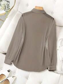 Blusa minimalista de unicolor transparente con cuello vuelto, blusas de manga larga - Caqui - Ver 2