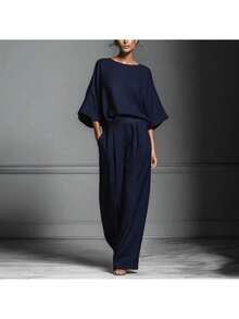 Conjunto de lino con mangas campana, estilo elegante y moderno, nueva colección primavera-verano 2026 para mujer - Azul marino - Ver 2