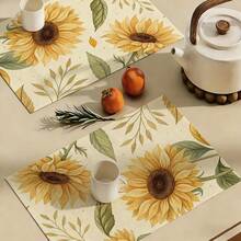 A Complete Set Of Daily Sunflower, Green Leaf, And Green Checkered Patterned Placemats, Suitable For Spring, Summer, Autumn, And Winter. It Adopts A Multi-Color Pattern Design And Is Woven From 100% Polyester Fiber. The Size Is 12 * 18 Inches And Can Be Machine Washed With Polyester Placemats. Heat Resistant, Stain Resistant, Waterproof, Easy To Clean, Suitable For Dining Tables, Holiday Party Decorations, Desktop Protection, Kitchen And Living Room Decorations, And Daily Use. - Multicolor - View 4