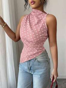 Camiseta de tirantes ajustada con dobladillo asimétrico y lunares rojos para mujer - Rosa - Ver 3