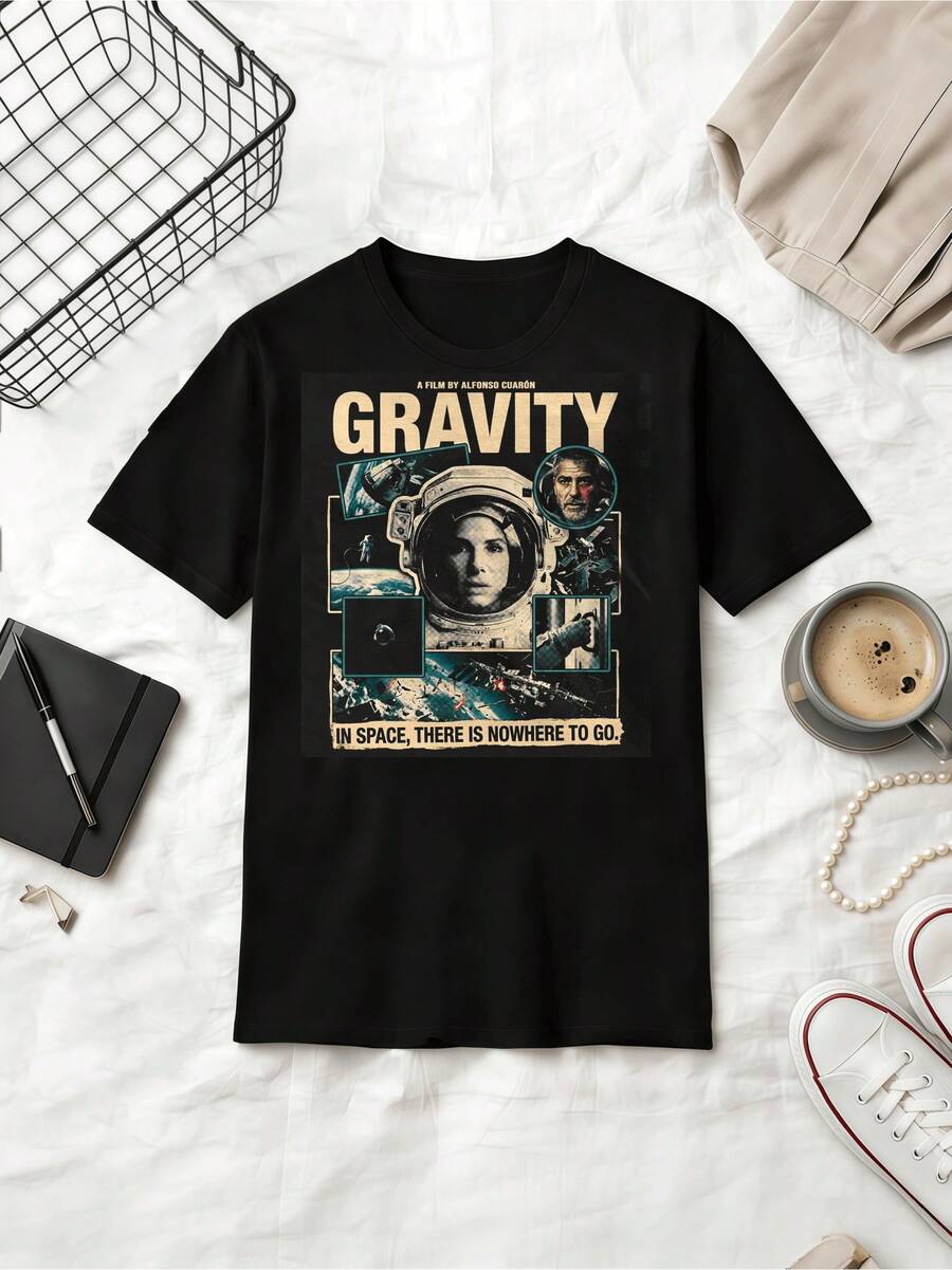 Gravity 2013 Sci-Fi Film T-Shirt Alfonso Cuarón Space Movie Graphic Tee - Black - View 1