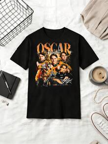 F1 Driver Oscar Piastri  Team Retro Style Cotton T-Shirt - Black - View 6