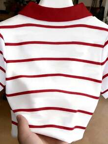 Blusa casual de manga corta con estampado de rayas y bordado de letras para mujer - Multicolor 7 - Ver 2