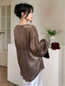 Blusa de gasa marrón con bajo asimétrico, camisa casual y elegante con cuello con volantes y manga larga, adecuada para citas, bodas y vacaciones - Marrón - Ver 3