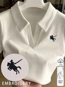 Camiseta de manga corta ajustada con cuello bordado para mujer - Blanco 5 - Ver 6