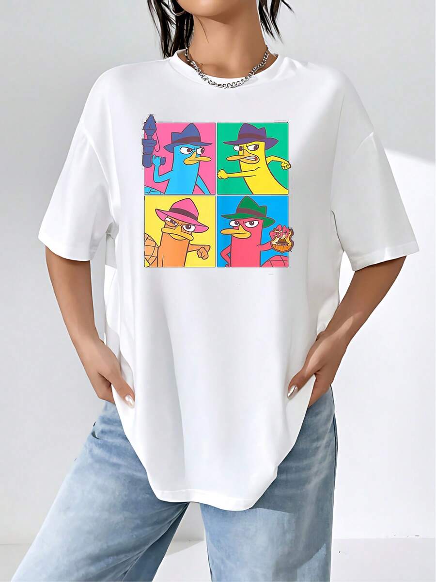Colorful Graphic With A Cartoon Character In A Secret Agent Style Showing Different Funny Expressions And A Background Divided Into Vibrant Tones That Convey Energy And Humor. Casual And Comfortable Women's T-Shirt For Everyday Wear - 白色 - 查看 1