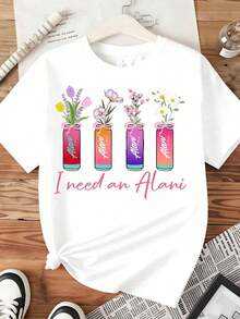 1 pieza Camiseta "I Need An Alani Flower Can" para mujer, top casual de moda, camiseta gráfica, 220g/180g, 100% algodón. - Blanco - Ver 4