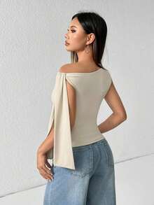 Camiseta de tirantes de unicolor informal con cuello de halter y lazada para el verano - Albaricoque - Ver 2