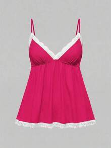 Conjunto de pijama casual de camiseta de tirantes acanalada y shorts con encaje - Rosa Fucsia - Ver 6