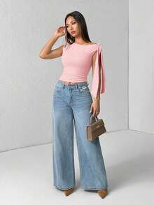 Top de hombro asimétrico con tirantes de atar de unicolor para mujer - Rosa - Ver 5