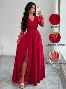 Vestido elegante de mujer con cuello en V profundo, parche de encaje, manga larga y abertura alta, adecuado para graduación, vacaciones, Día de San Valentín, festivales de música, Día de la Madre, Acción de Gracias, Pascua, Día Nacional, bailes, citas, fiestas, bodas, actividades al aire libre, primavera/verano - Rojo - Ver 8