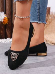 2026 Spring/Autumn New Black Velvet Pointed Toe Shoes, Fashion Leopard Head Crystal Decor Low Heel Low Vamp Comfortable Casual Soft Bottom Work Shoes - Black - View 4