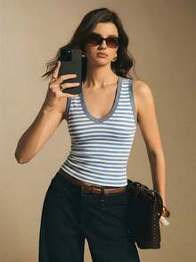 Camiseta de tirantes casual a rayas para mujer, de verano - Azul - Ver 6