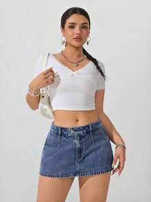 Minifalda de jean de moda con decoración de botón en la cintura para mujer - Azul lavado medio - Ver 3