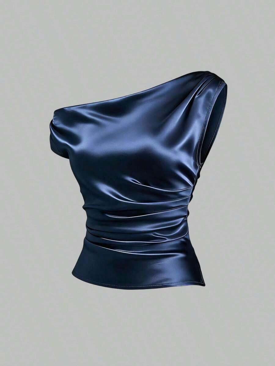 Sweetro Blusa de un solo hombro de estilo francés nueva para primavera/verano, blusa de satén rosa con diseño de volantes, adecuada para ocasiones casuales, de fiesta y de noche - Azul marino - Ver 1