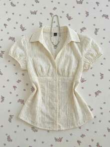 Camisa de mujer con cuello en V, cintura fruncida y manga corta, color blanco, para primavera/verano - Blanco 2 - Ver 4