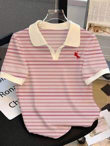 Camiseta de manga corta con cuello de polo a rayas casual de verano para mujer - Multicolor 6 - Ver 1