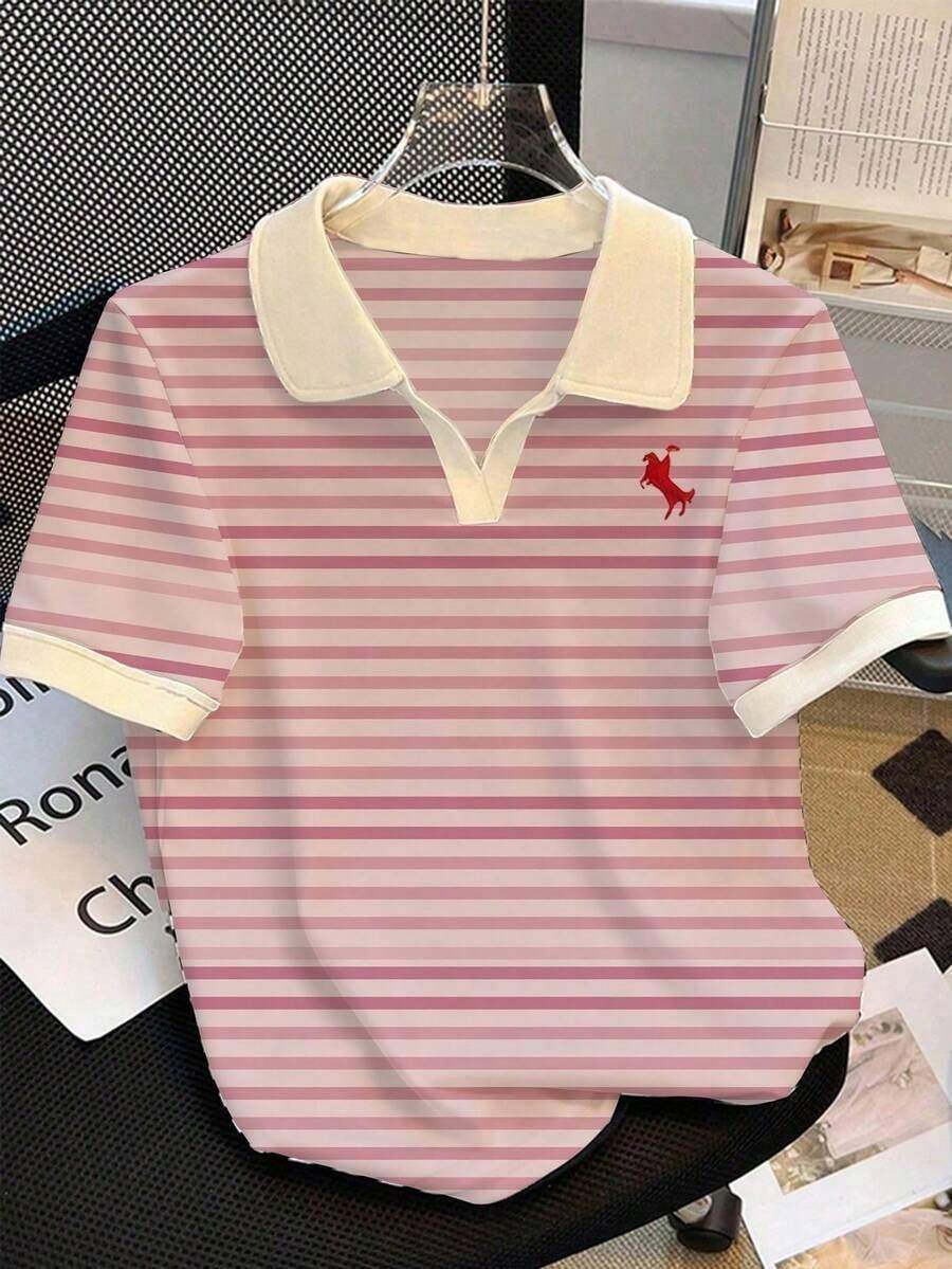 Camiseta de manga corta con cuello de polo a rayas casual de verano para mujer - Multicolor 6 - Ver 1