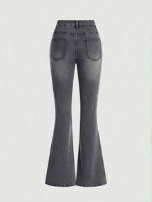 Explorewe Jeans de mezclilla estilo Y2K versátiles lavados y desgastados con pierna acampanada y elásticos para niñas adolescentes - Azul - Ver 4
