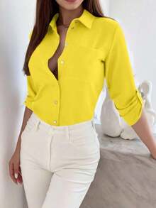 Camisa de mujer de manga larga de unicolor casual con puño - Amarillo - Ver 3