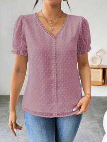 Blusa de gasa con estampado de lunares francés de moda para mujer, diseño elegante y elegante de manga corta con volantes para el verano - Morado - Ver 6