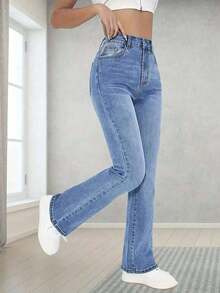 Jeans de campana clásicos y versátiles, cómodos y elásticos para adolescentes - Azul lavado medio - Ver 6