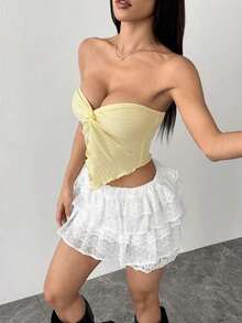 Top tubo de punto de textura amarillo ganso para mujer con abertura anudada en el medio delantero y borde ondulado, ajuste ceñido, para uso en fiestas, vacaciones y otoño/invierno - Amarillo - Ver 5