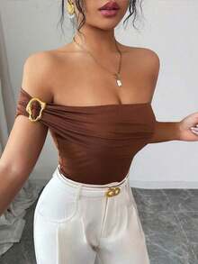 Top de tirantes casual y ajustado con decoración de hombro oblicuo para mujer - Marrón - Ver 7