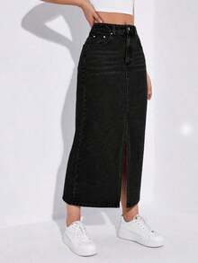 Falda vaquera larga casual con bolsillos y abertura lateral para mujer - Negro - Ver 3