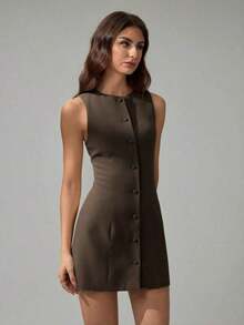Tall Vestido mini elegante de unicolor con cuello redondo y sin mangas para mujer - Marrón - Ver 5