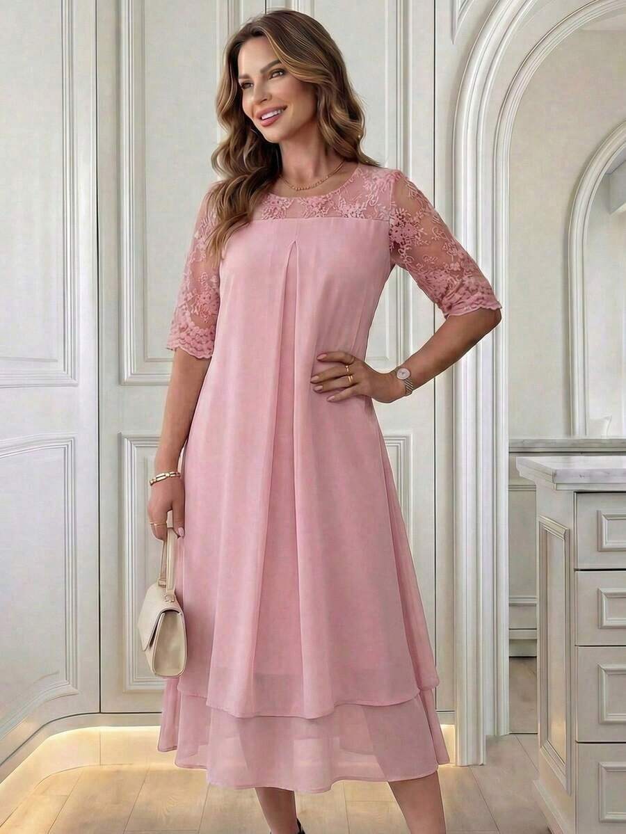Medorina Vestido de mujer con cuello redondo, manga corta, volantes en el bajo y encaje en contraste, conjunto de verano para vacaciones para mujer en primavera y verano - Rosa - Ver 1