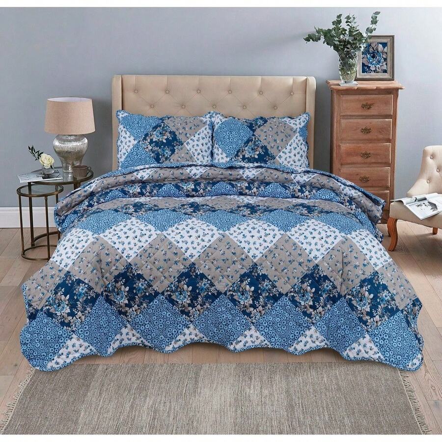 3 Piece Patchwork Reversible Bedspread Quilt Comfort Bed Throw Set Double & King - 海洋設計 - 查看 1