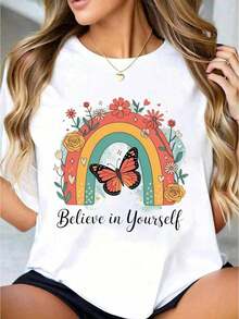 1 pieza de camiseta blanca para mujer con estampado floral de mariposas arcoíris, cuello redondo, camiseta casual de algodón, tejido de punto de elasticidad media, corte regular para damas, tallas S-XXXL. - Blanco - Ver 1