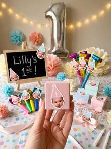 24/48/96pcs Customized Baby Face 1st Birthday Stickers, Personalized Photo And Text Party Hat Stickers, Suitable For Small Gifts, Cups, Candy Bags Custom Stickers - Multicolor - View 3