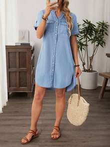 Vestido casual de mezclilla de mujer con cuello en V y abotonadura sencilla, de manga corta - Lavado ligero - Ver 1