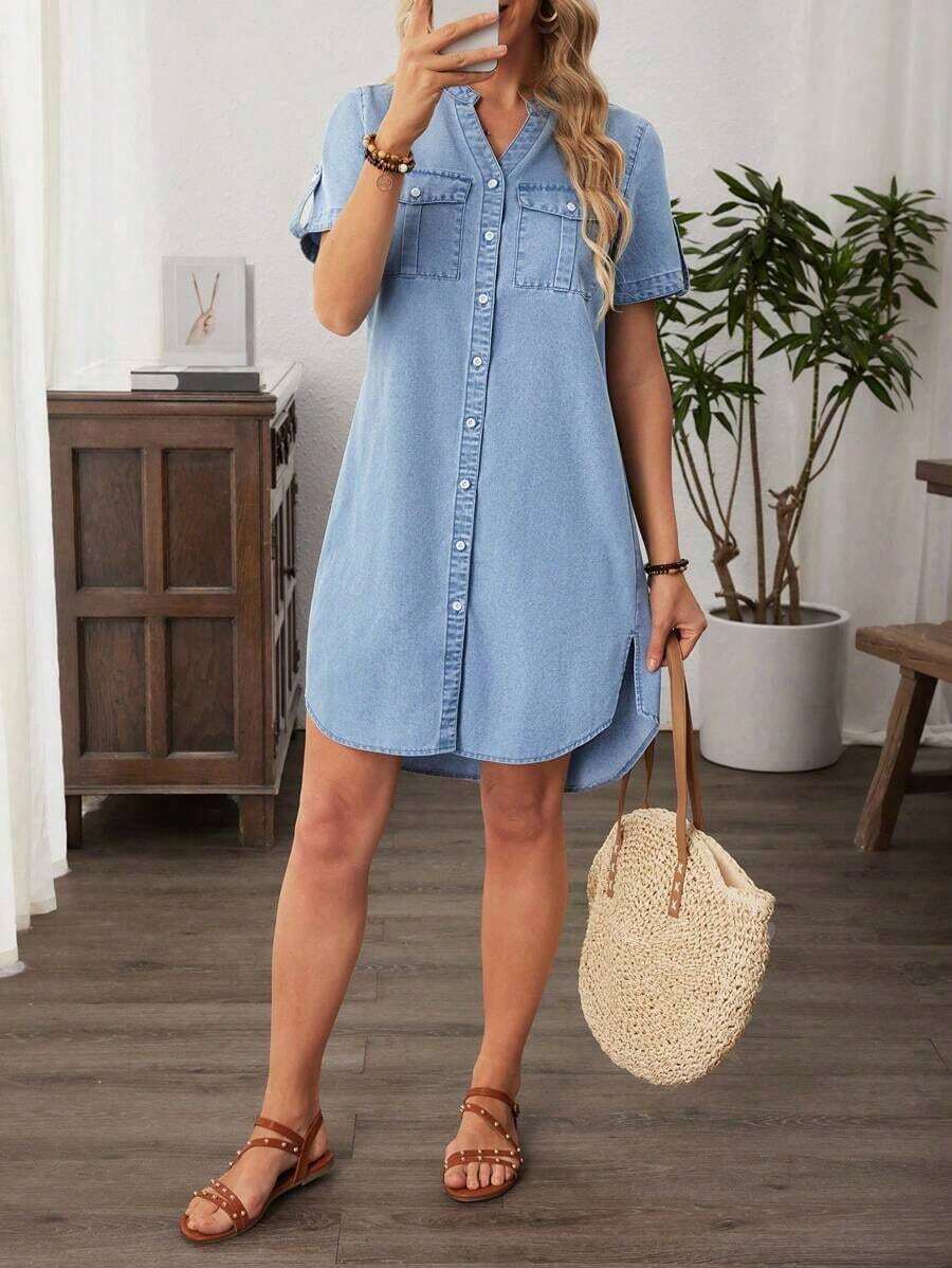 Vestido casual de mezclilla de mujer con cuello en V y abotonadura sencilla, de manga corta - Lavado ligero - Ver 1
