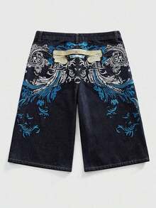 ROMWE MEN Street Life Pantalones cortos de mezclilla con doble cintura y bordado para hombres - Negro 2 - Ver 8