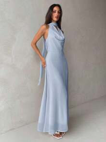 YHHAloruh Vestido de mujer de unicolor con cuello en V profundo, corte evasé y espalda con volantesYHH - Celeste - Ver 6