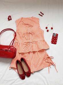 Set de 2 piezas de ropa de mujer con top tipo camiseta con cordones y shorts a cuadros, ideal para el Día de San Valentín - Naranja Quemada - Ver 4
