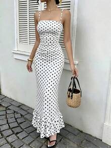 Đầm maxi nữ thanh lịch, bóng bẩy, chấm bi, dây mảnh, có thể điều chỉnh dây đeo, xẻ tà sau và xếp ly ở gấu đầm. - trắng - Xem 11