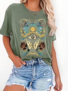 Camiseta con Estampado Gráfico / Manga Corta con Cuello Redondo / Top Casual para Verano y Primavera / Ropa de Mujer - Negro - Ver 6