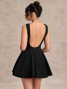 Vestido negro sólido, minimalista y sexy de corte evasé en tono burdeos para mujer, vestido para citas, vestido de dama de honor corto, vestido negro elegante para primavera/verano - Negro - Ver 2