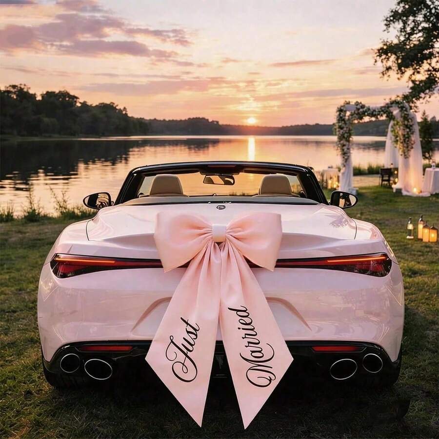 Personalized Large Car Bow - Customizable Text Wedding Car Decoration, Elegant White Satin Bridal Car Front Bow, Customizable Wedding Farewell Accessory - Multicolor - View 1