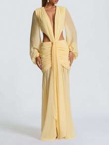 Vestido largo de gasa manga larga espalda descubierta color liso elegante - Amarillo - Ver 5