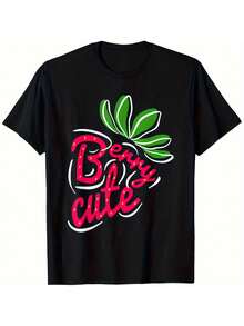 Camiseta TeeBerry Cute Strawberry Lover's - 100% algodón, cuello redondo casual, negra con diseño de frutas rojas, tallas S-XXXL, un regalo ideal para hombres, mujeres y amigos, artículo con temática de fresas. - Negro - Ver 5
