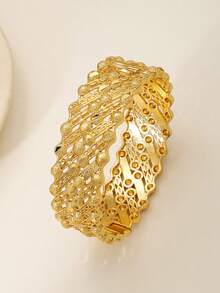 1 pezzo Braccialetto ampio in ottone dorato di lusso - Stile mediorientale degli Emirati Arabi Uniti con texture incisa a motivi cavi, il braccialetto può essere aperto. Adatto per la collezione di gioielli da donna per matrimoni e feste. - Oro giallo - Visualizzare 6