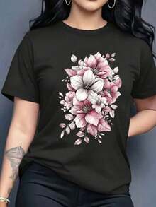 Women's Graphic T-Shirt, Short Sleeve, Round Neck, Basic, Comfortable, Cool, Lightweight, Modern, Youthful, Feminine, Floral Print, Lily, Leaves, 3D - 黑色 - 查看 10