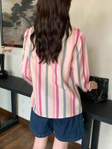 New Loose-Fitting Long-Sleeved Blouse For Women, Plain Color Button-Down Shirt For Spring - 波爾多 - 查看 2