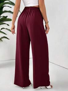 Pantalones básicos largos de mujer con pliegues plegados de unicolor y elegantes para el diario - Burdeos - Ver 2